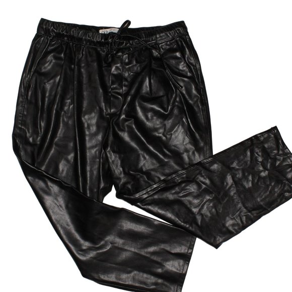 Zara Large Vegan Faux Leather Stretch Tie Waist Straight Leg Ankle Crop Pants - Picture 4 of 7